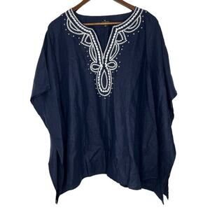 Talbots Navy Blue 100% Linen Embroidered Poncho V-neck Poncho Top L Women's